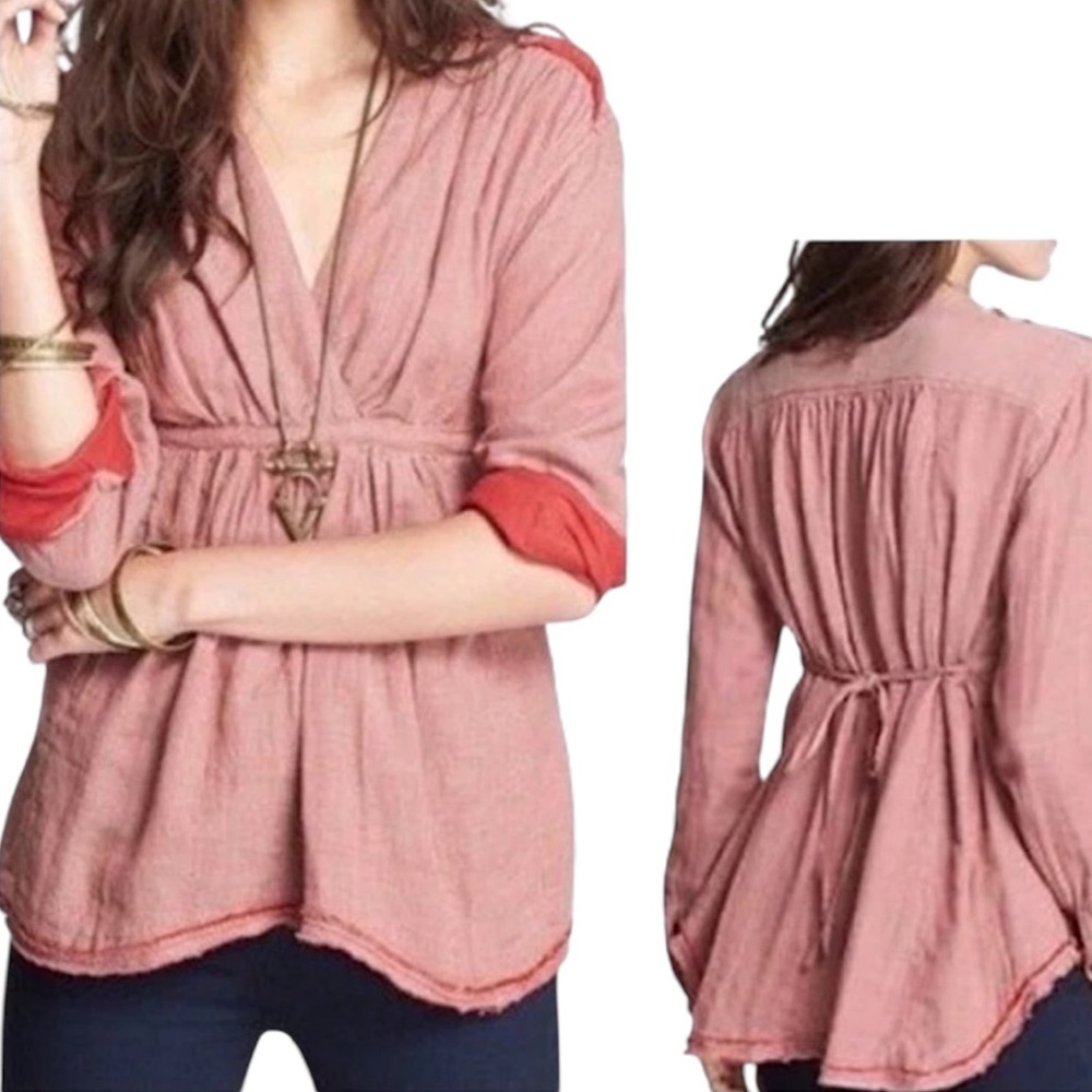 FREE PEOPLE Babydoll Striped V-Neck Tunic Top Boho Peasant Indie Cottage Size S